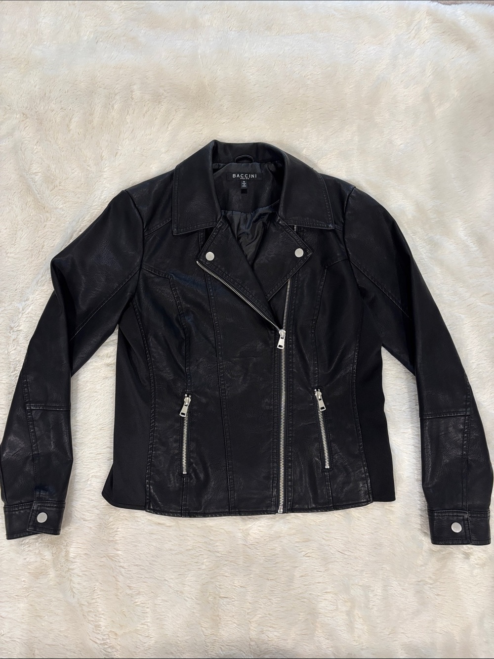 Baccini Black Faux Leather Moto Jacket with Silver Hardware